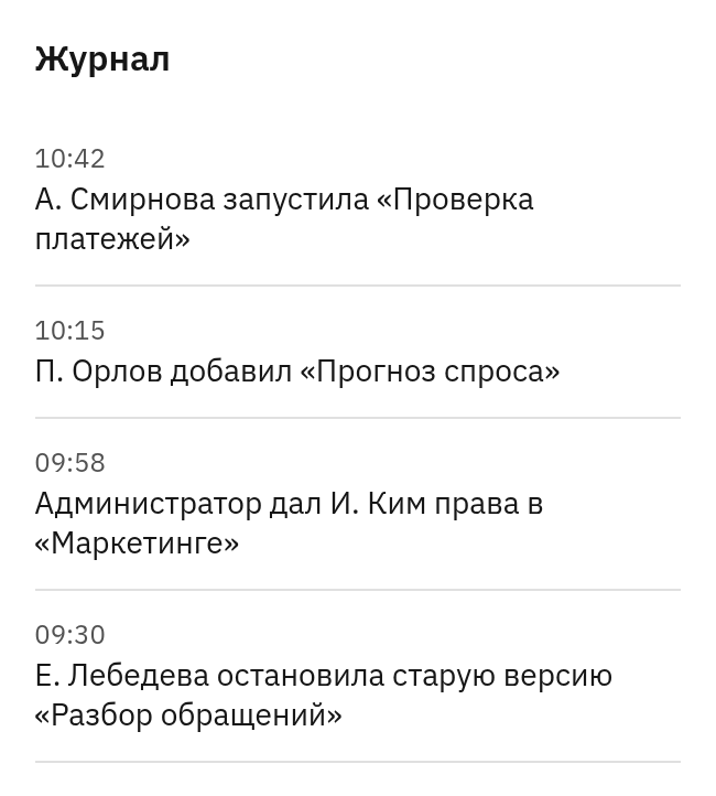 Журнал в Атриуме: 10:42 А. Смирнова запустила «Проверка платежей», 10:15 П. Орлов добавил «Прогноз спроса», 09:58 администратор дал И. Ким права в «Маркетинге», 09:30 Е. Лебедева остановила старую версию «Разбор обращений»